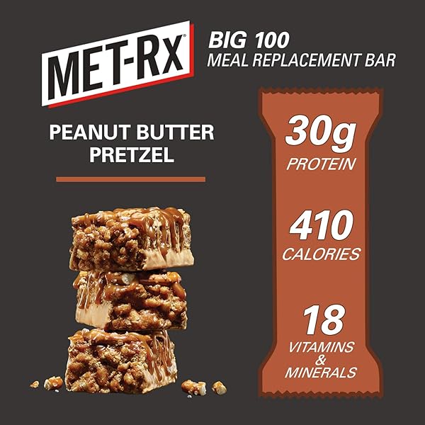 MET-RX BIG 100 COLOSSAL PROTEIN BARS, GREAT AS HEALTHY MEAL REPLACEMENT, SNACK, AND HELP SUPPORT ENERGY, PEANUT BUTTER PRETZEL, WITH VITAMIN A, VITAMIN C, AND ZINC, 100 G, (PACK OF 9)