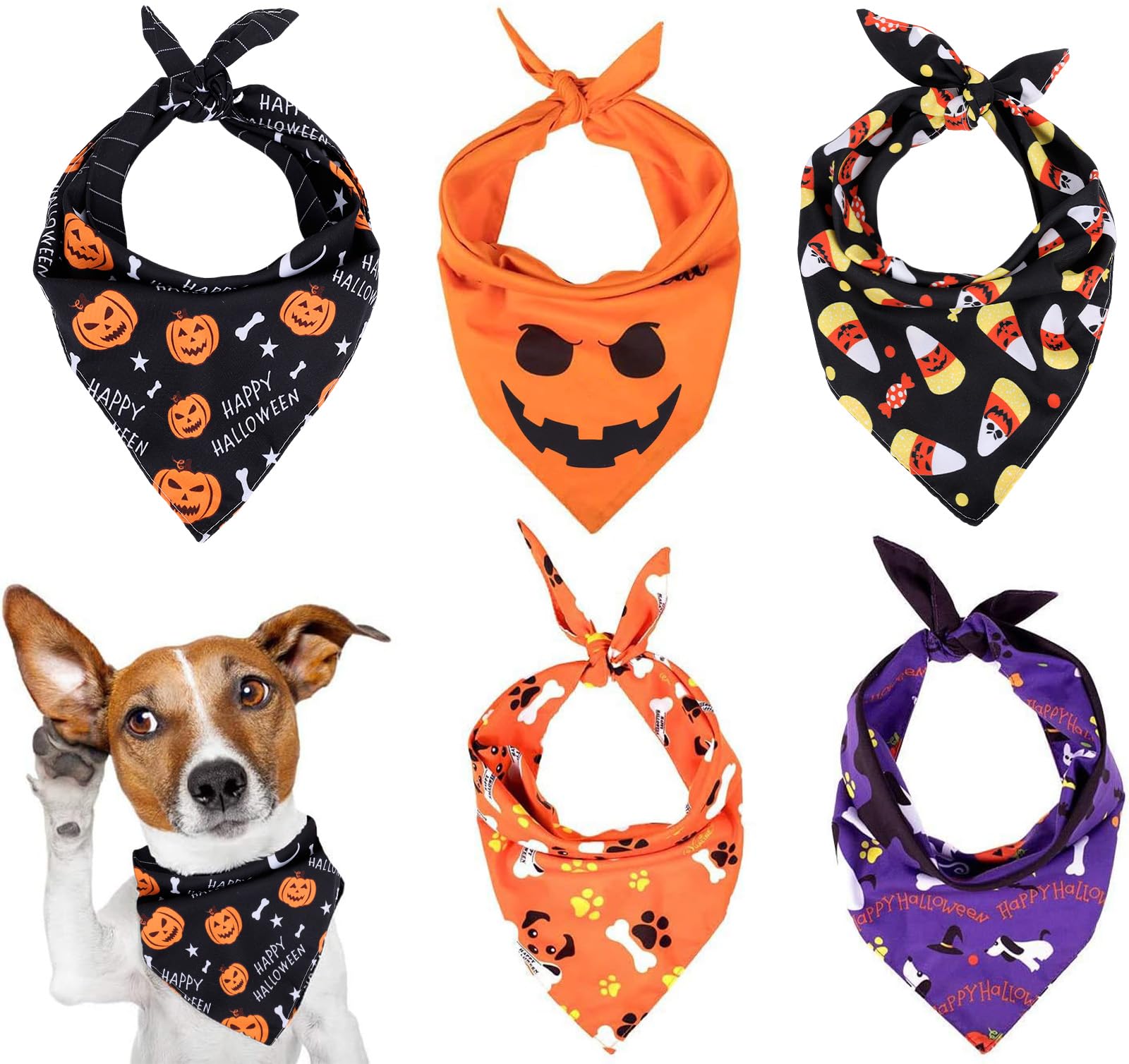 Whaline 5 Pack Halloween Dog Bandanas, Triangle Pet Scarfs Washable Pet Neckerchief Dog Bibs, Pumpkin, Ghost, Candy Corn and Bones Pet Bandanas