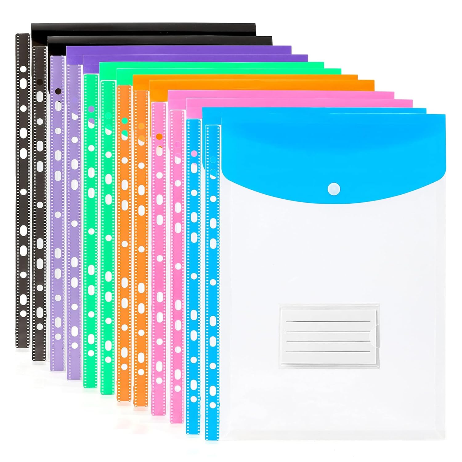 Multicolor Punched Pockets A4 Plastic Transparent Wallets Expandable Folder Snap Closure Large Capacity Binder Pocket for Office School Home Sessions (12, Colourful)