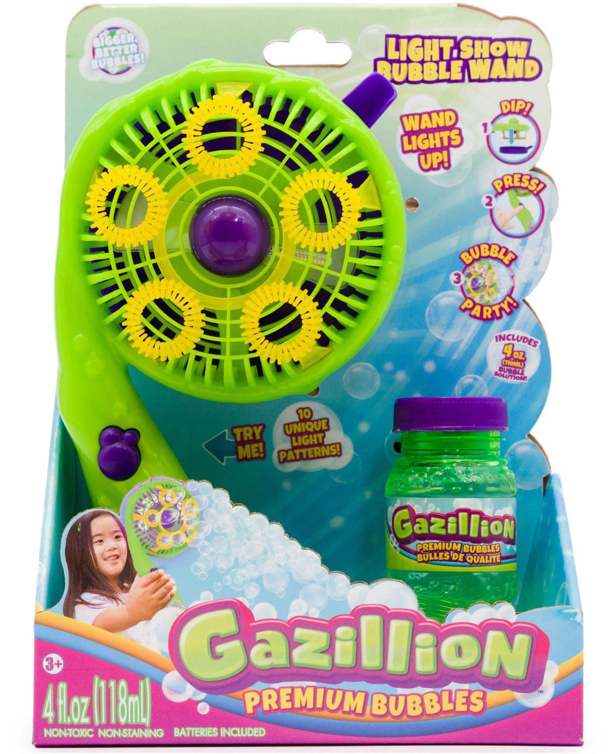 Gazillion Premium Light Show Bubble Wand I Blows multiple bubbles with 10 LIGHT UP EFFECTS I Perfect for outdoor parties day or night I Includes non toxic 4oz bubble solution I For Kids aged 3+