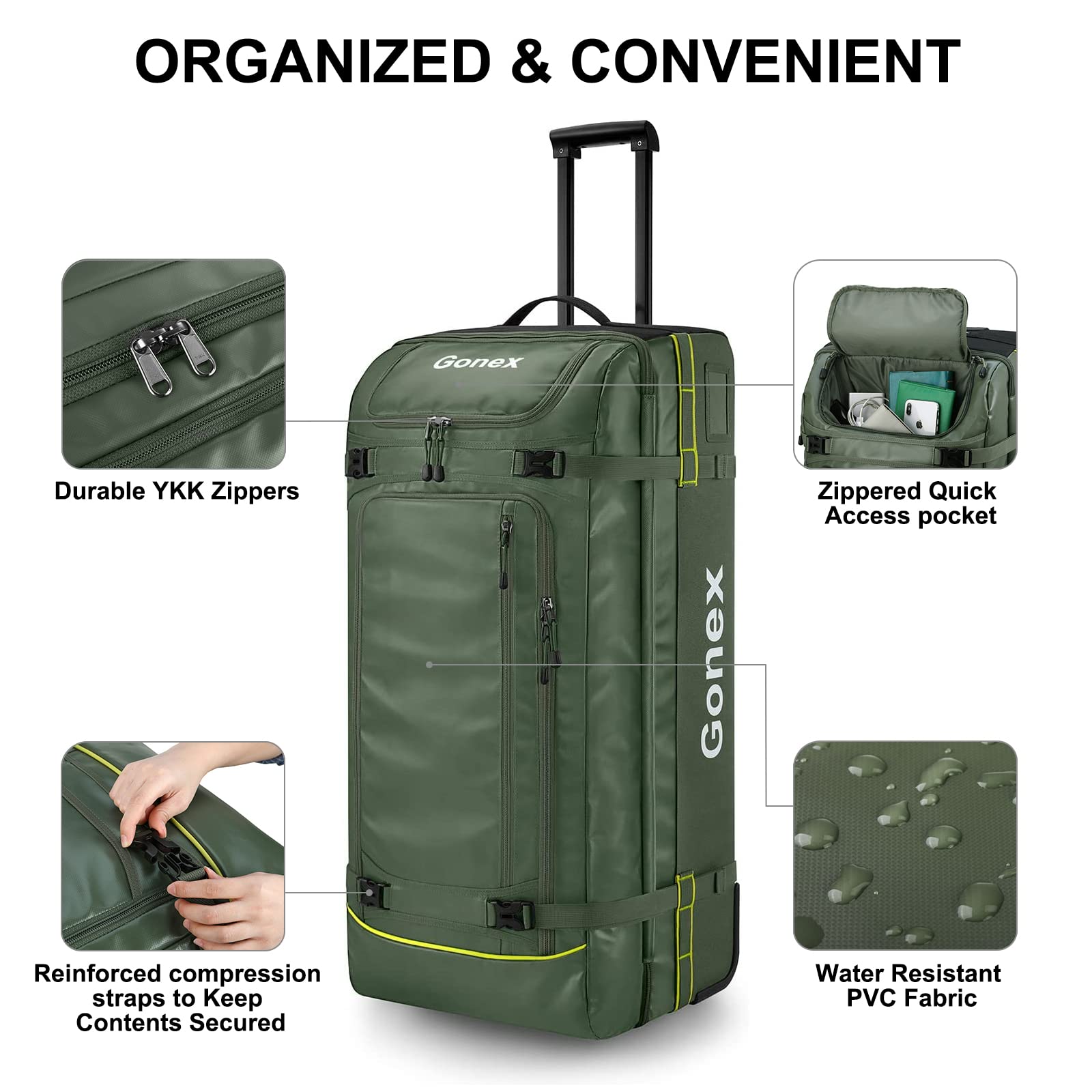 Gonex Rolling Duffle Bag with Wheels, 100L Water Repellent Large Wheeled Travel Duffel Luggage with Rollers 33 inch, Olive Green