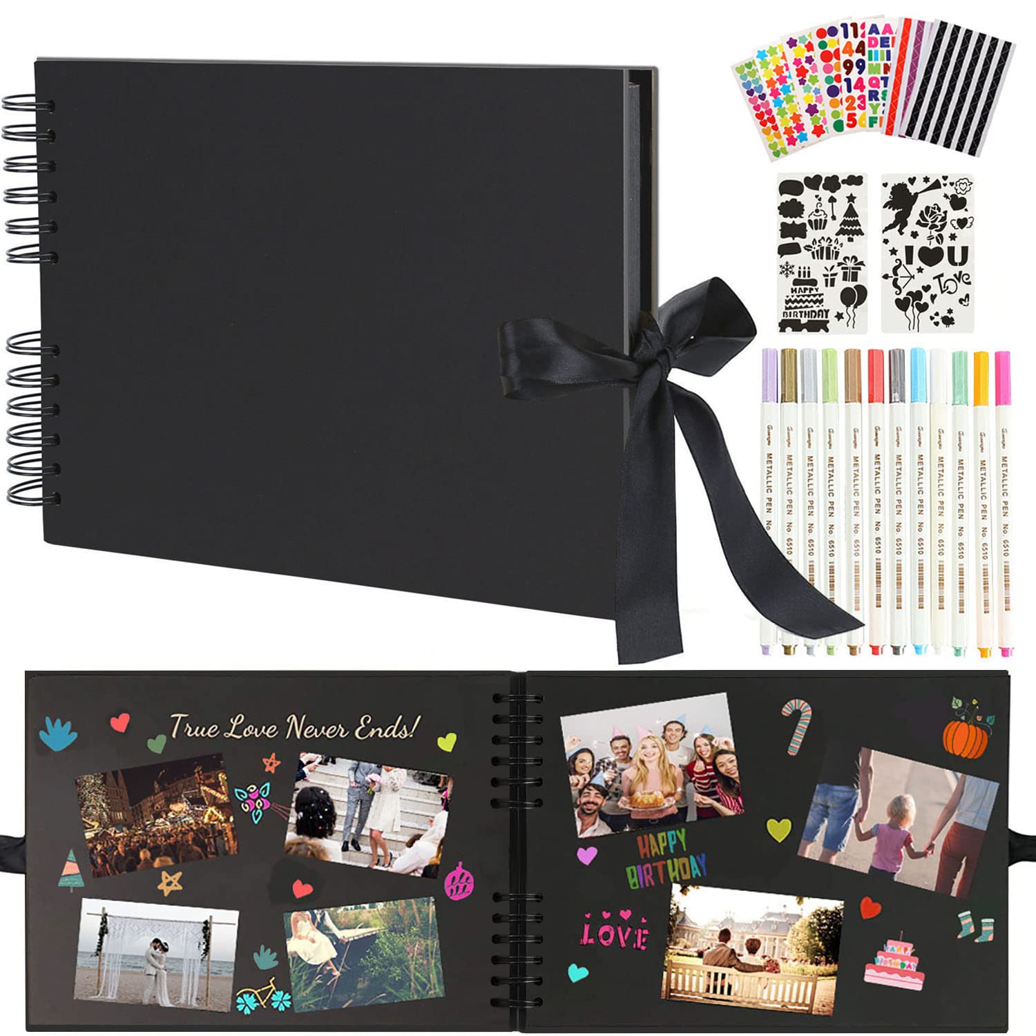 Boic Photo Album Scrapbook 80 Black Pages, Memory Book Guest Book for Anniversary Wedding Valentines Day, DIY Gift Scrapbooking Kits with 12pcs Markers Pens (Black)