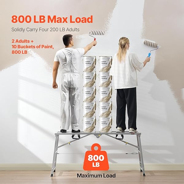 VEVOR WORK PLATFORM, 55″X 15″ PORTABLE SCAFFOLDING PLATFORM, FOLDING STEEL STEP LADDER ADJUSTABLE HEIGHT 27.5”-45.3”, 800 LBS LOAD CAPACITY, NON-SLIP DRYWALL PAINTING STOOL FOR CLEANING &WASHING