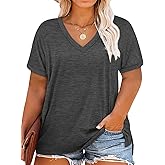 VISLILY Plus-Size-Womens-Tops V Neck Roll Sleeve T Shirts Summer Side Split Tee