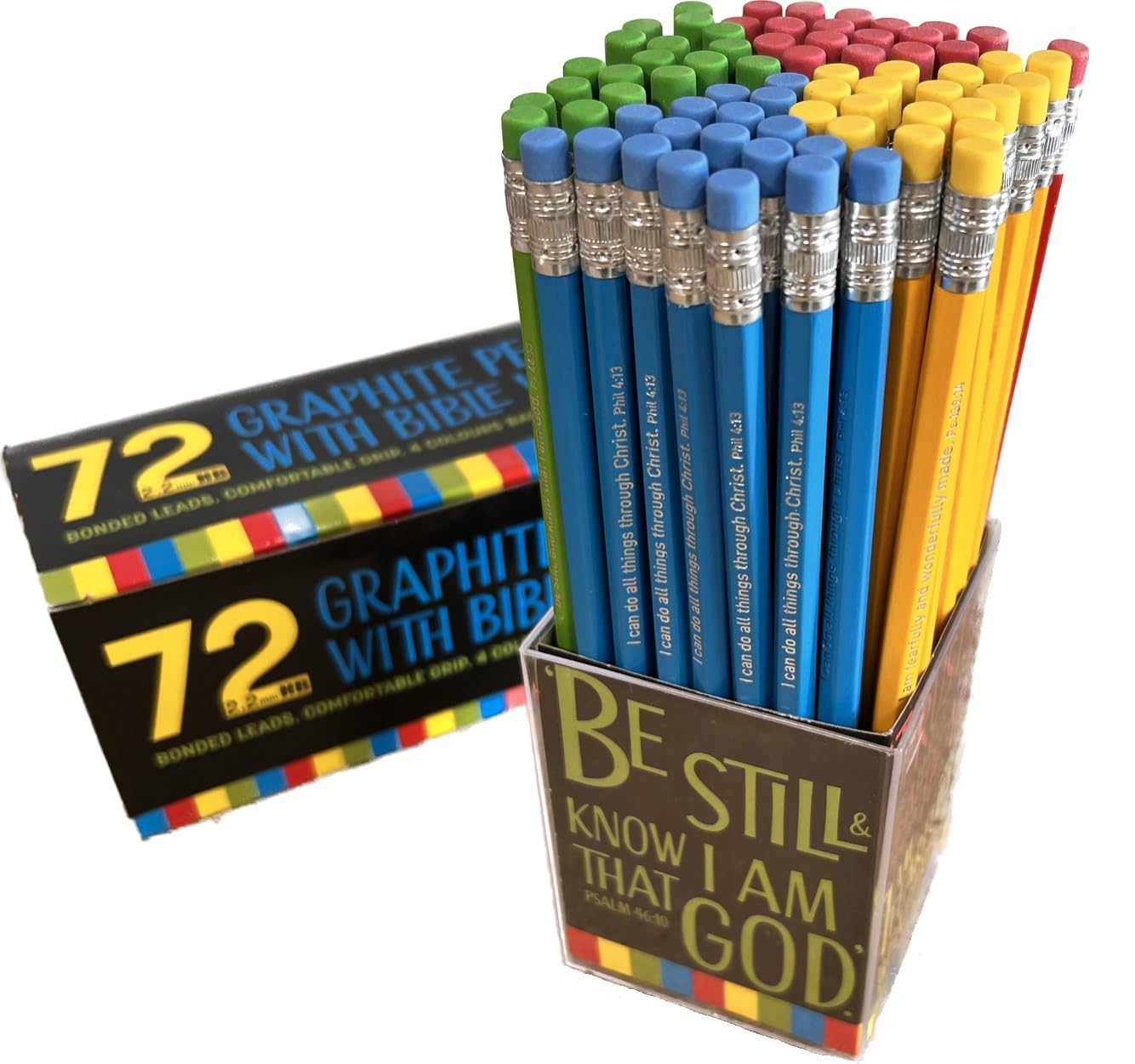 Tub of 72 HB Christian Pencils with coloured eraser, with 4 different Bible verses used on the pencils. Perfect resource for churches, by Just Cards Direct