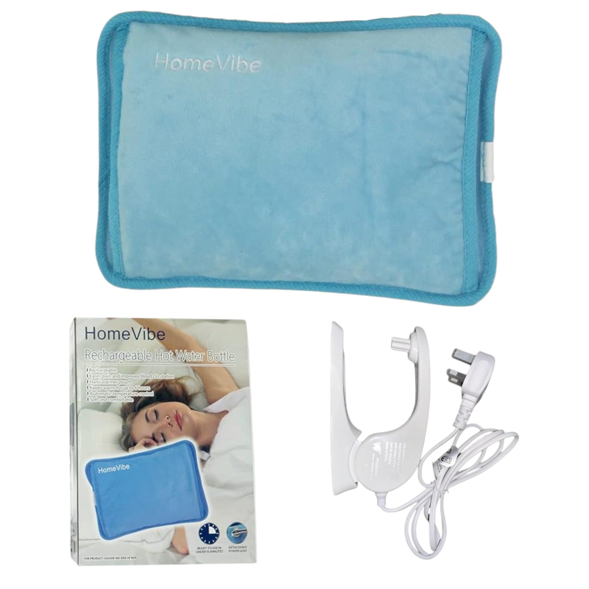 HomeVibe Rechargeable Electric Hot Water Bottle Professional Soft Touch Fleece Cover Bed Hand Warmer Massaging Heat Pad - Blue