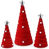 Leitee 3 Pcs Christmas Red Velvet Trees, Cone Table Decorations Modern Christmas Tabletop Centerpieces Trees Winter Decor Tree Tiered Tray with Pearls and Stars for Entryway Mantle Home Farmhouse