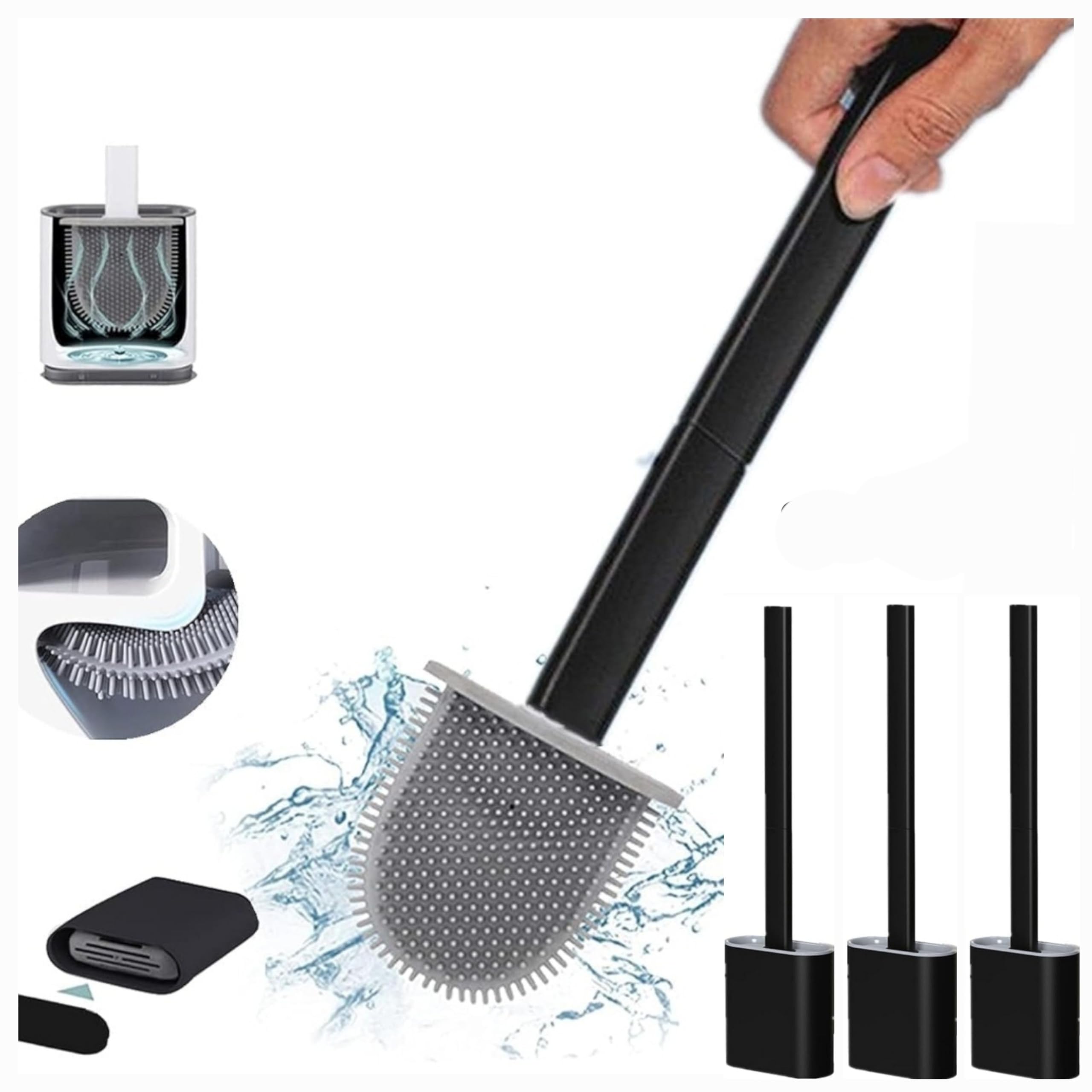 KWIK CLEAN 3 Pack Black Deep Clean Silicone Toilet Brush & Quick Dry Anti-drip Holder, Flexible No scratch Bathroom Brush Long Non-Slip Handle for Easy Cleaning, Durable Toilet Brush Set With Holder