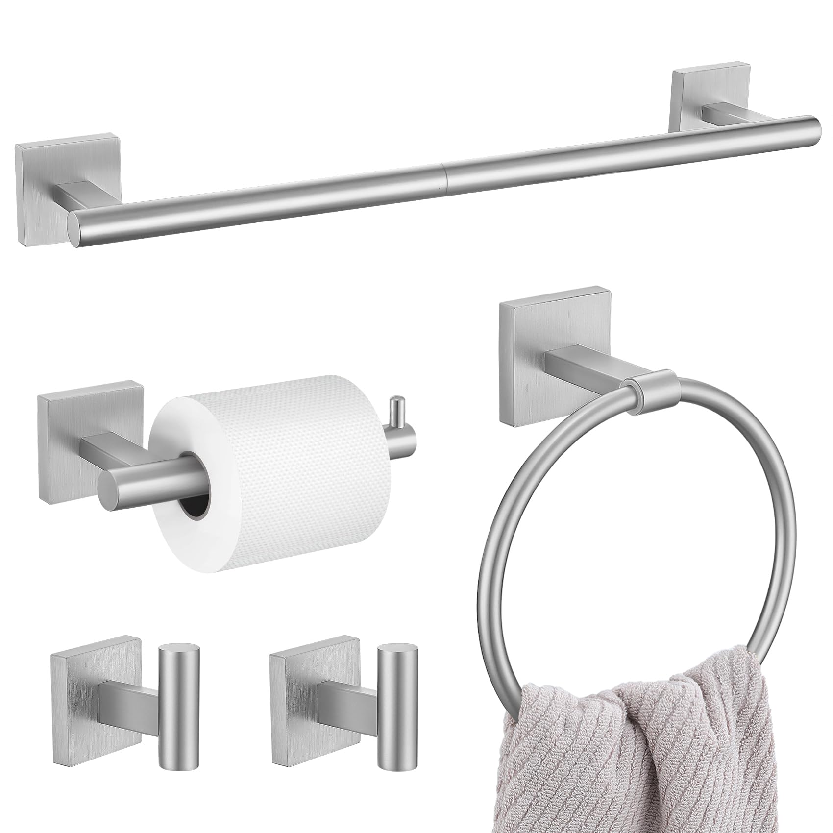 Photo 1 of 5 Pieces Bathroom Hardware Set, Brushed Nickel Towel Bar Set Includes 23.6” Towel Bar, Towel Ring Holder, Toilet Paper Holder and Two Towel Hooks, Bathroom Accessories Set SUS304 Wall Mounted