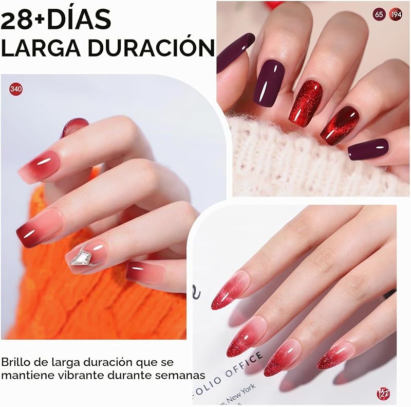 6PCS Esmaltes Semipermanentes para Uñas Rojo, Cat Eye Gel, Jelly Gel Nail Polish, Esmaltes Semipermanentes Brillantina Glitter, Nail Art Manicura 10ML