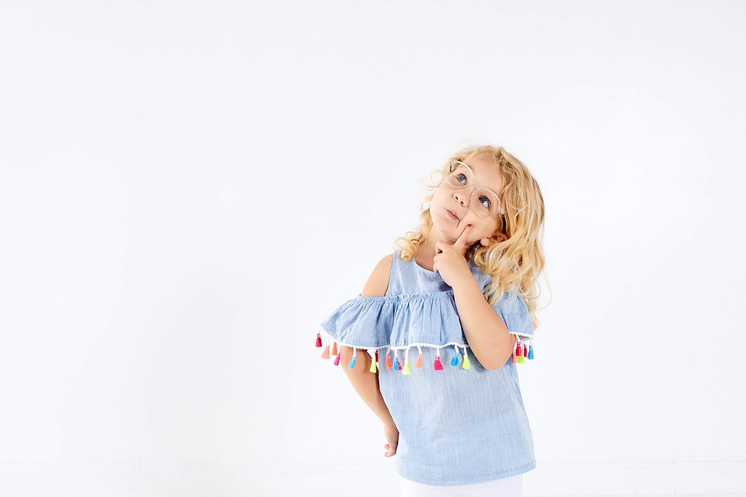 Mud Pie Baby Girls Chambray Cold Shoulder Tassel Top: Clothing