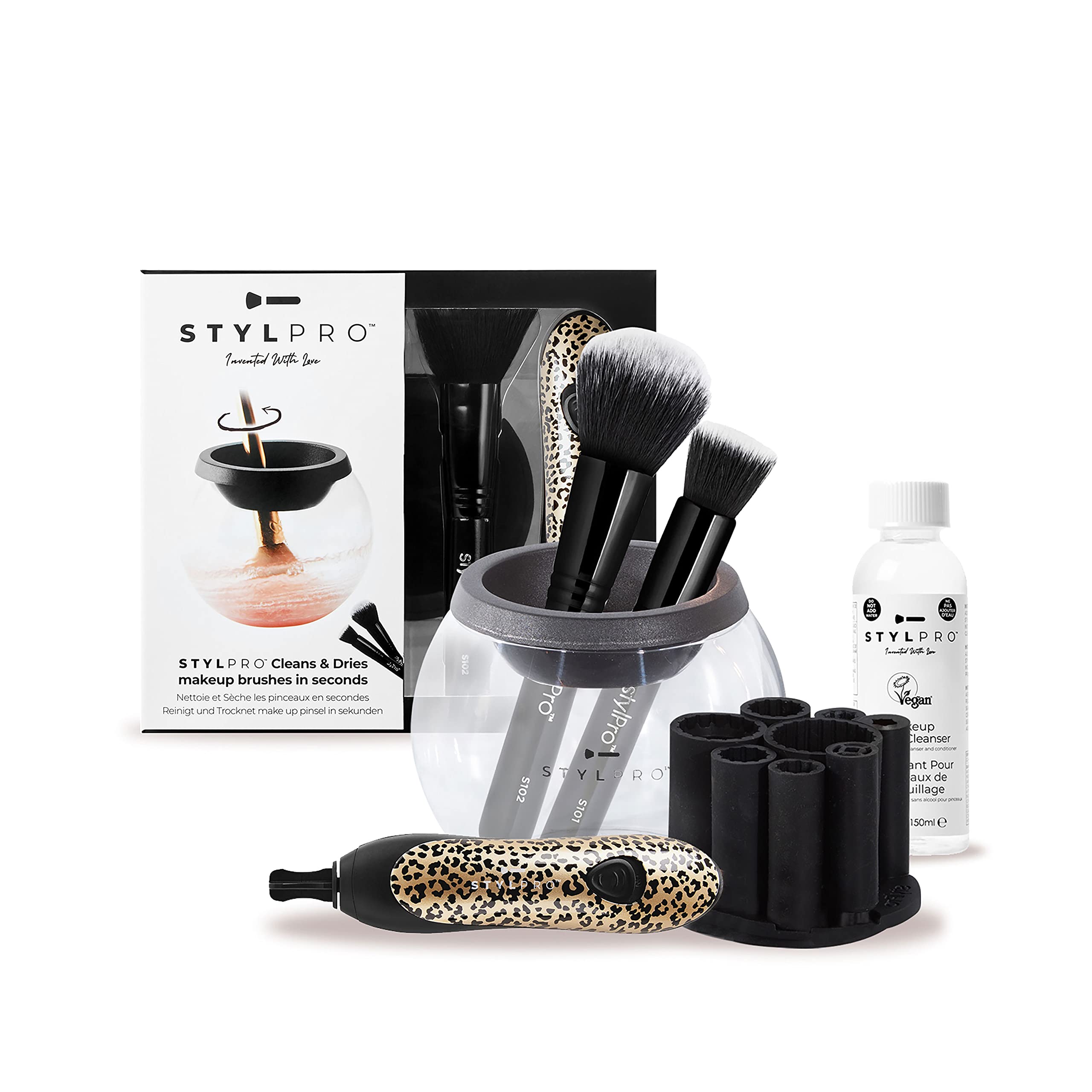 stylPro StylPro Cheetah Gift Set Kit: Electric Makeup Brush Cleaner and Dryer Machine with 8 Brush Collars, Brush Cleanser - Fast, Automatic Spinning Brush Cleaner with Recyclable Bowl