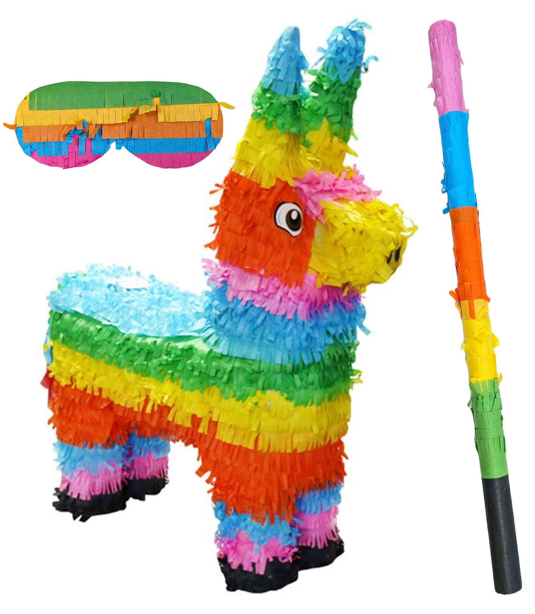 Rainbow Donkey Pinata Childrens Birthday Party Traditional Novelty Game with Bashing Stick & Blindfold