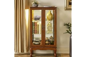 Anwick China Cabinet &Curio Cabinets with Glass Doors, Lighted Display Cabinet with Mirrored Back Panel, Tempered Glass and 3 Tiers Adjustable Shelves (Oak)