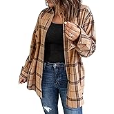 Womens Long Sleeve Plaid Shirts Flannel Collared Button Down Shackets Casual Rolled Up Boyfriend Blouses Top