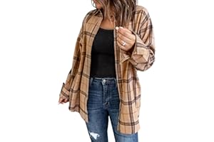 FEBRIAJUCE Womens Long Sleeve Plaid Shirts Flannel Collared Button Down Shackets Casual Rolled Up Boyfriend Blouses Tops