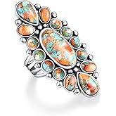 Turquoise 925 Sterling Silver Ring for Women, Bohemian Flower Statement Band, Vintage Genuine Gemstones Black Oxidized Rings Size 6-9