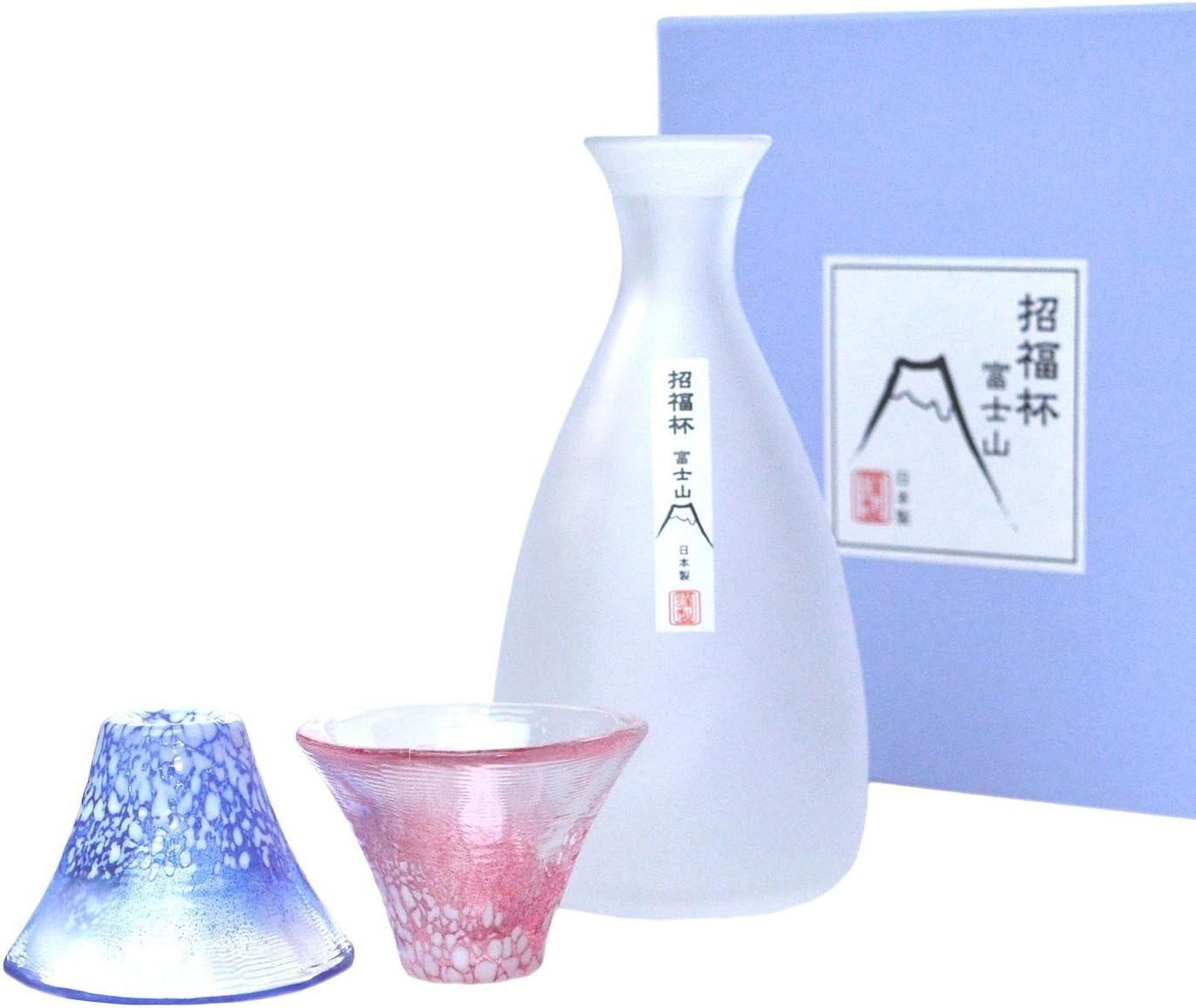 [3 Pieces Box] Japanese Glass Sake Cups & Decanter - Mount Fuji Blue & Red - by Hechimon 361-07A + 361-07B
