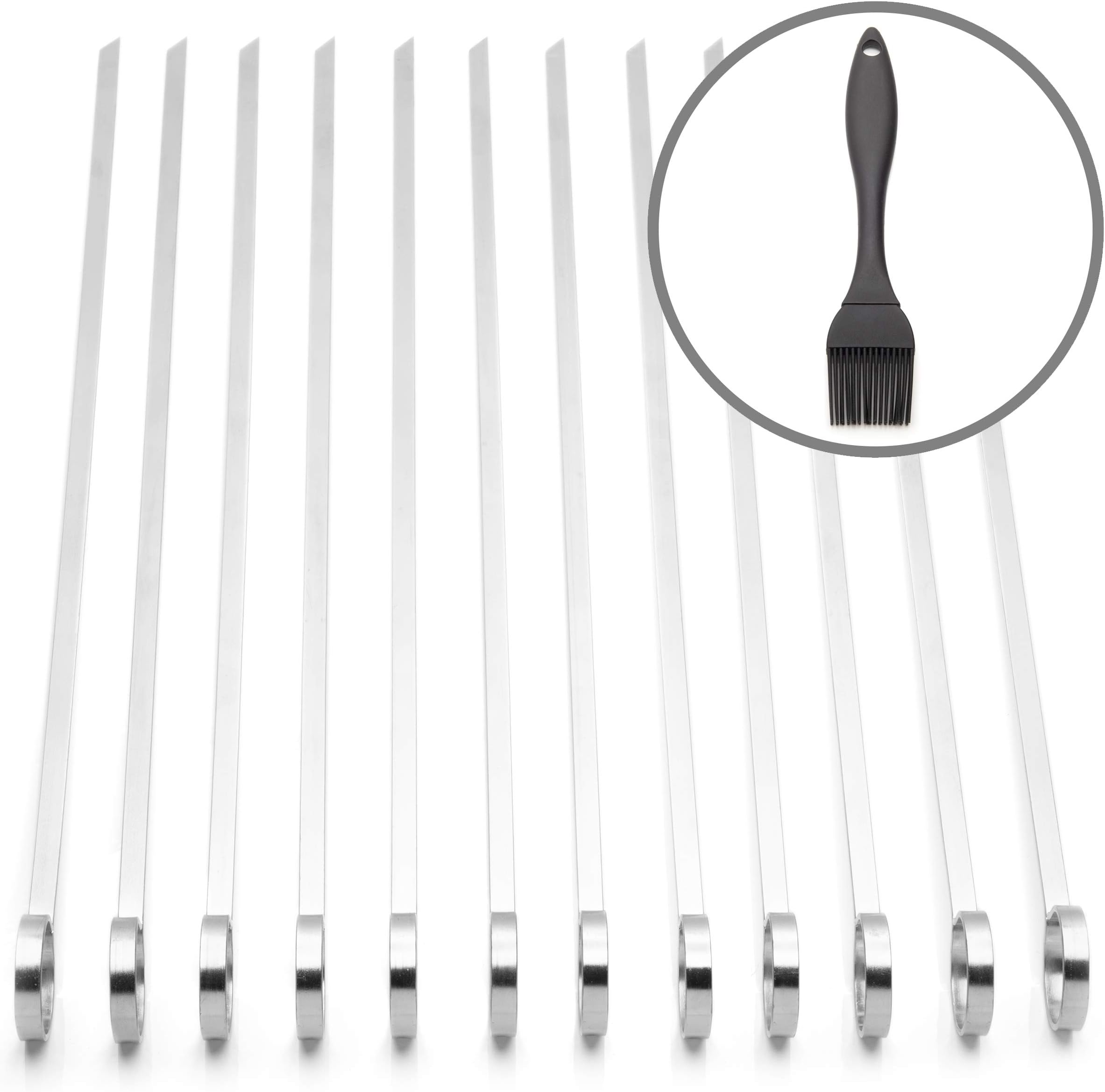 THORIUM BBQ Skewers |Shish Kebab Rotisserie Skewers for Grilling | Sharp Flat S kewers with Ring Handle for Easy Turning | Durable Stainless Steel | 12 Pieces, 35cm Long | Includes Free Basting Brush