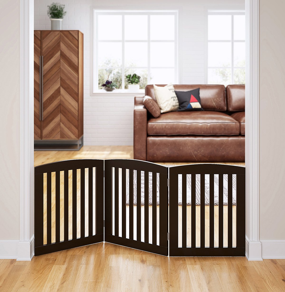 PAWLAND Wooden Freestanding Foldable Pet Gate for Dogs, 24 inch 3 Panels Step Over Fence, Dog Gate for The House, Doorway, Stairs, Extra Wide (Espresso, 24" Height-3 Panels) : Pet Supplies