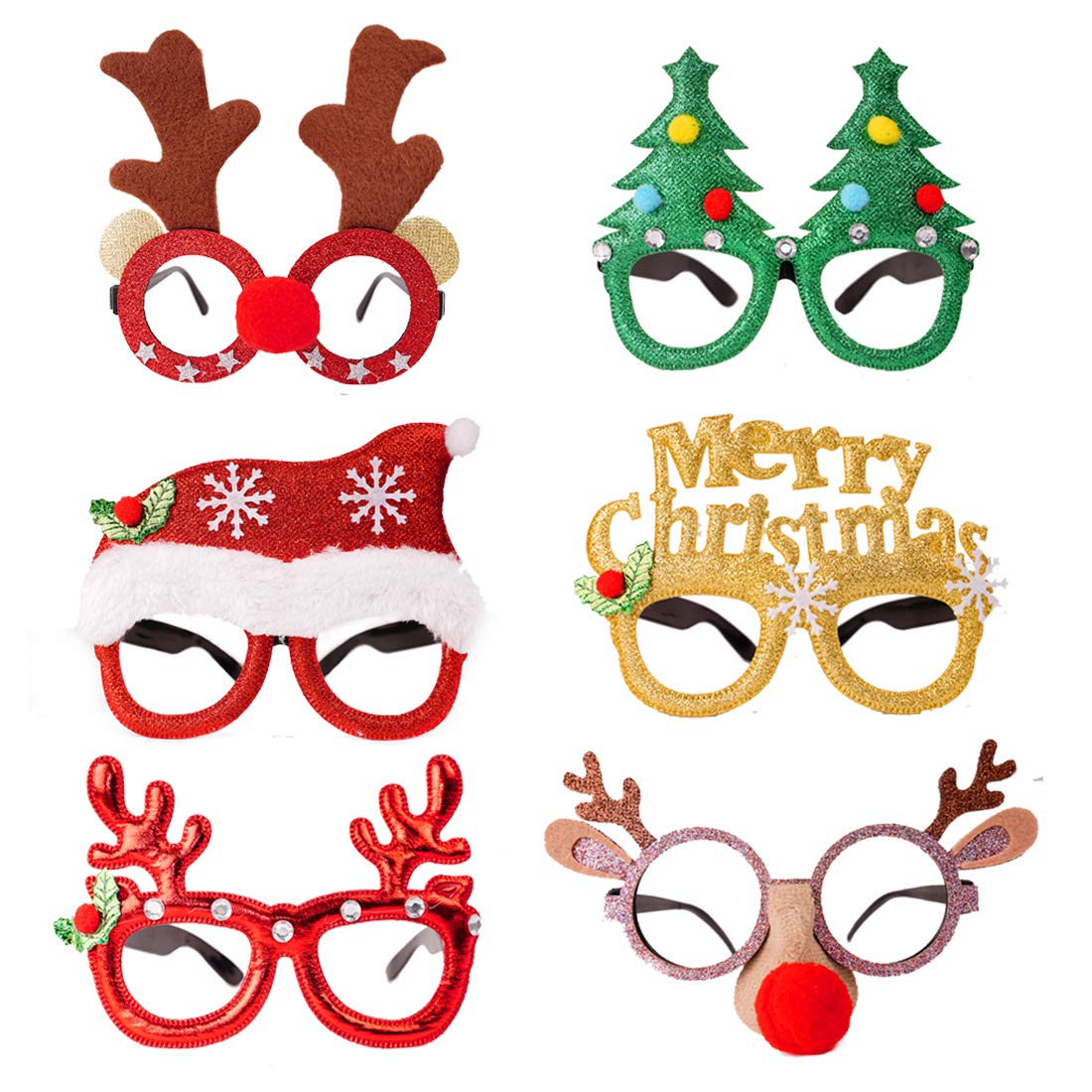 VEYLIN Christmas Glasses to Wear, 6 Pieces Christmas Glitter Party Glasses Fancy Dress Costume Decoration for Kids Adults