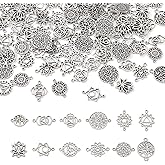 Pandahall 120Pcs Tibetan Flower Charms Chakra Connector Charms Antique Silver Alloy Hollow Flower Connector Charm Pendants 12 Styles Lotus Links Chakra Jewelry Finding for Bracelet Jewelry Making