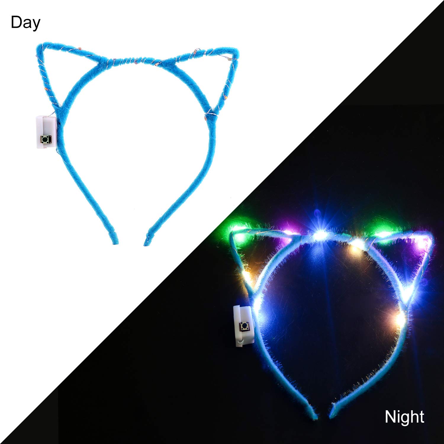 Kapmore LED Cat Ear Headband, 10 Pack Cute Light Up Cat Ear Headdress Hairbands Halloween Christmas Party Decorations Hair Accessories for Girls Adult