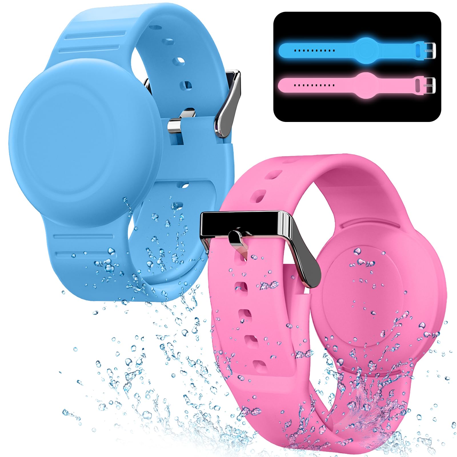 Photo 1 of Waterproof Bracelet Compatible with Airtag Case for Kids(2 Pack), Soft Silicone Hidden Wristband, Lightweight GPS Tracker Compatible with Apple Air Tag Watch Band for Child (Grow in Dark Blue & Pink)