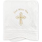 Pinuotu Embroidered Baptism & Christening Baby Blanket – Soft Quilted Cotton 33×45 in Heirloom Quilt for Boys & Girls, Scalloped Edges, Christian Keepsake with Gift Box