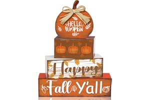 QUZZIL 4 Pcs Fall Decor for Home Hello Pumpkin Wooden Signs with Blessed Autumn Tiered Tray Decor Farmhouse Pumpkin Tabletop Centerpiece Maple Leaf Block Signs for Fall Thanksgiving Office Kitchen Shelf