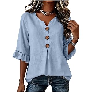 Summer Casual Cotton Gauze Tops for Women Ruffle 3/4 Sleeve Henley Shirt Loose Basic Tees Comfy Business Work Blouse