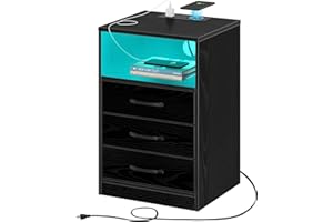 Seventable Nightstand with Wireless Charging Station and LED Lights, Modern End Side Table with 3 Drawers and Open Compartment for Bedroom, Black