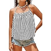 Tankaneo Womens Striped Halter Camisole Tank Tops Vacation Open Back Crop Tops Flowy Pleated Y2k Tshirts