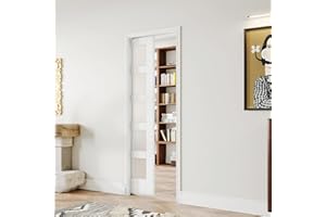 SOLRIG 36" x 80" Sliding Pocket Door Set - Includes 5 Lites Frosted Glass Panel with Frame Kit- Interior & Closet Single Door Slab, White Primed - Easy Panel Assembly Required