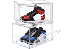 HIYOHIYO 2-Pack Acrylic Clear Stackable Shoe Boxes, 360° Acrylic Clear Display Shoes Boxes, Fully Transparent Display Box wit