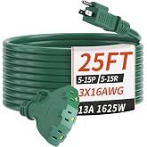 PlugSaf 25 FT 16/3 Outdoor Extension Cord with Multiple Outlets Green | Flexible 3 Outlet Waterproof Extension Cord, 13A 1625W 16AWG SJTW, ETL Listed, Indicator Light, Garden/Workshop/Outdoor