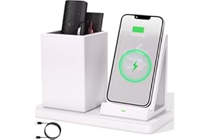 LADSTAG Desk Organizer with Phone Holder,White Multi-Functional Pencil Holder for Desk, Desk Organizers and Accessories for Office Art Supplies,Desk Phone Stand Charger for Desktop/Counter