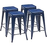 DUMOS Metal Bar Stools Set of 4, Armless Counter Height Bar Chairs | 24 Inch Stackable Backless Restaurant Chairs, Kitchen Island Barstools, Indoor Outdoor Dining Room, Blue