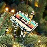 Retro Cassette Tape with Pencil Ornament, Vintage Music Ornaments for 70s, 80s, 90s Lovers, Nostalgic Gifts for Men, Women, Teens, Musician, DJs & Retro Party Decor Holiday Christmas Tree