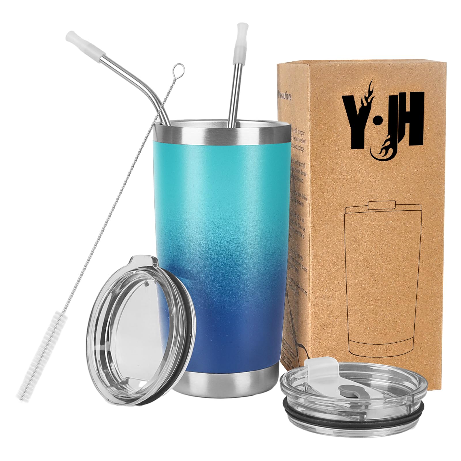 Y·J&H 20oz (550ml) Travel Tumbler Double Wall Vacuum Insulated Coffee Mug Stainless Steel Coffee Cup with 2 Splash Proof Lid, 2 Straws & Free Cleaning Brush, BPA Free - Turquoise&Blue