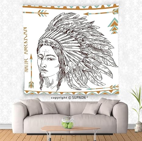 Amazon Co Jp Vroselvカスタムネイティブアメリカンインテリアタペストリー壁吊りタペストリーillustration Of Traditional Native Indian Man Portrait Ethnic印刷寝室リビング部屋寮装飾チョコレートホワイトティール 84 X 85 Inch Gtf k213 X G215 ホーム
