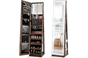 IFANNY 360° Swivel LED Mirror Jewelry Cabinet Standing, Lockable Full Length Mirror with Storage & Adjustable LED Lights, Sta
