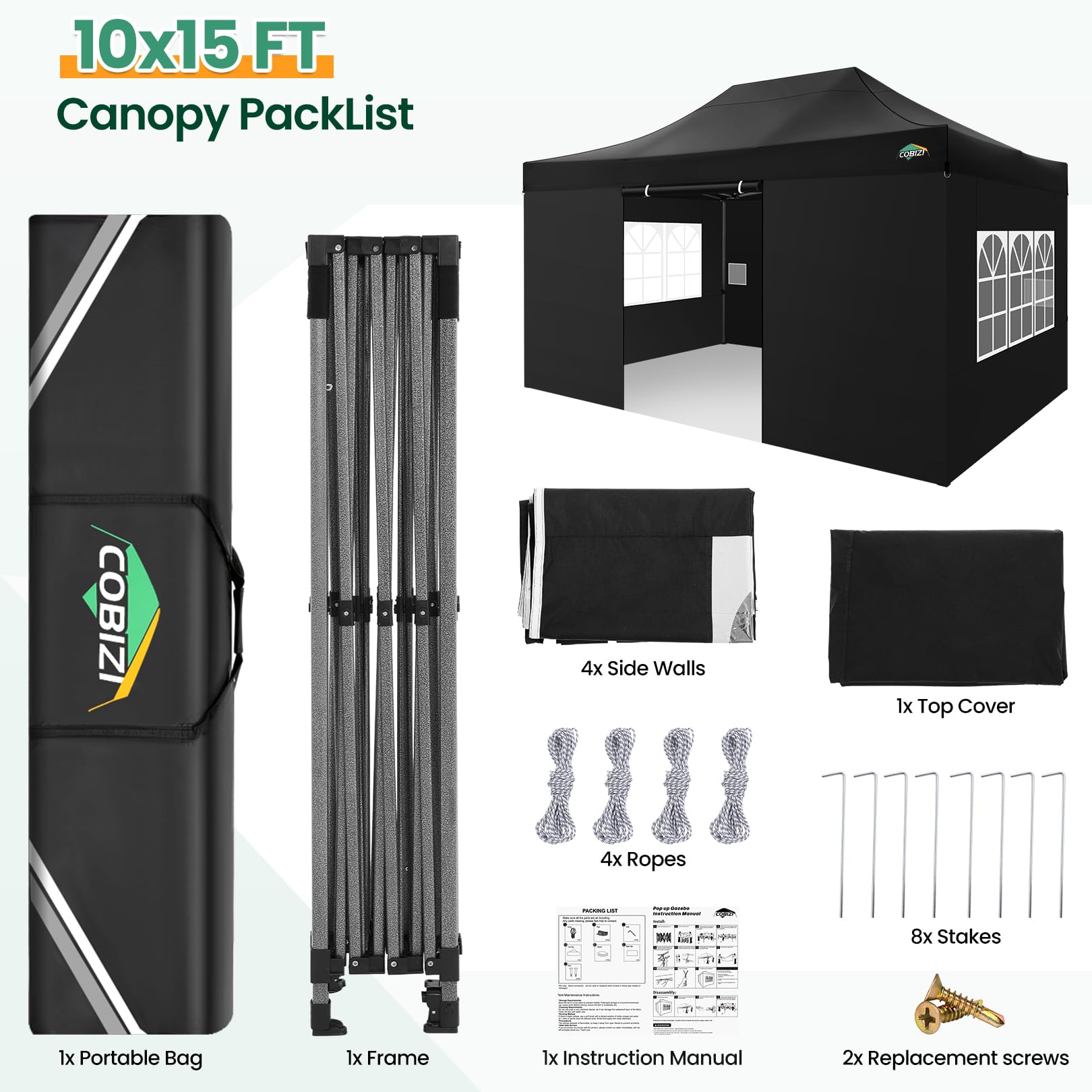 COBIZI Pavillon 3x4,5 wasserdicht stabil Winterfest 3.0, Faltpavillon 3x4,5 Partyzelt, Gartenpavillon UV Schutz mit 4 Seitenteilen Festival Partyzelt Sonnenschutz Pavillon, Schwarz 9