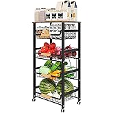 Uninol Fruit Vegetable Basket for Kitchen,5 Tier Pantry Organizer with Wheels,Snack cart with Wood Top,Metal Wire Storage Basket Organizer Baskets for Kitchen, Pantry, Bathroom