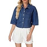 Women’s Cropped Denim Shirt Button Down Half Sleeve Casual Jean Jacket Lightweight Collared Summer Jean Top with Pocket