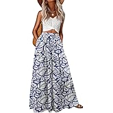 Lepunuo Womens Casual Boho High Waisted Flowy Maxi Skirts Tiered Floral Long Skirts with Pockets for Summer Beach Vacation