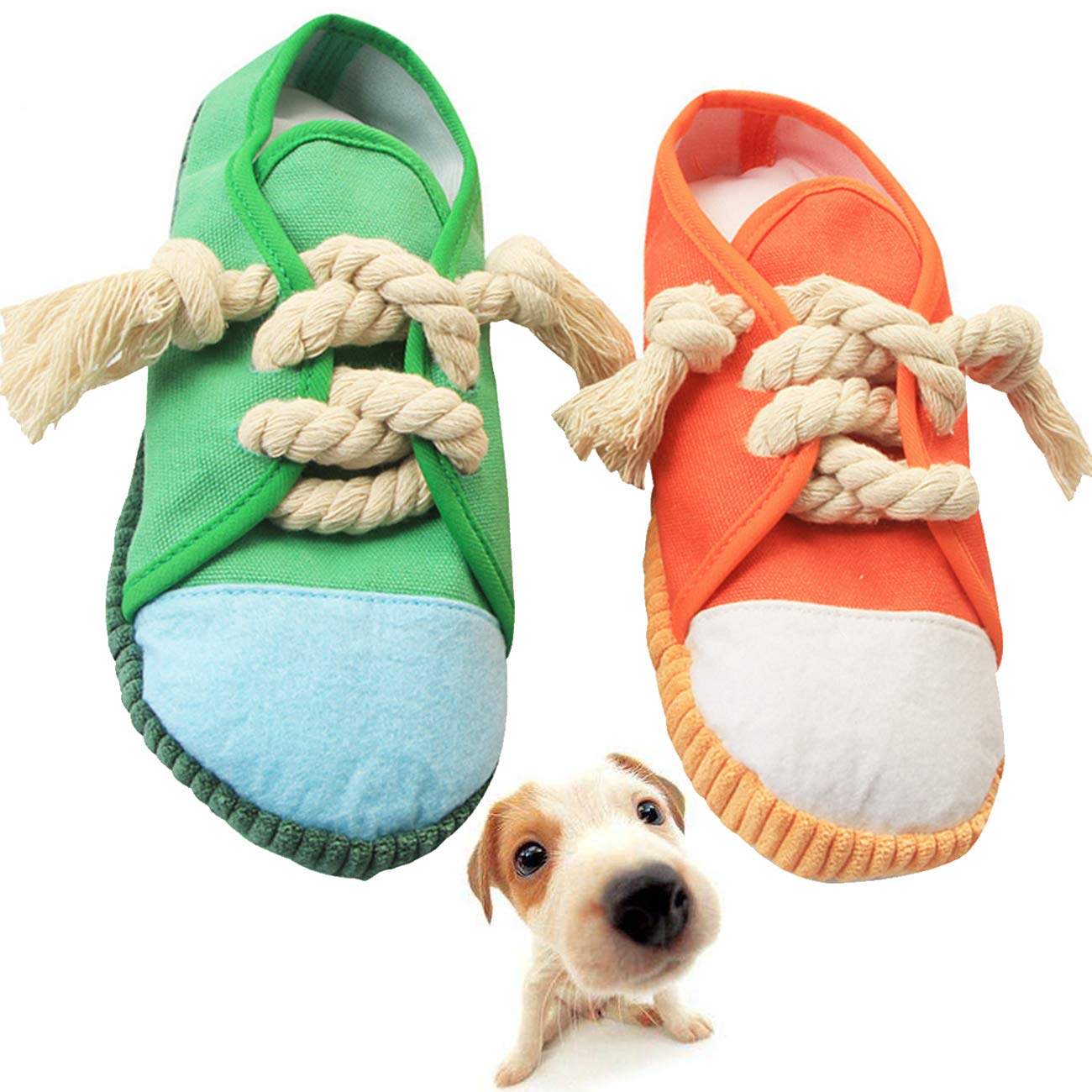 Yueser Dog Chew Shoe Toy, 2 Pcs Dog Squeaky Chew Toy Funny Shoes Sound Toy Slipper Pet Supplies Teeth Cleaning Bite Sound Toy for for Small and Medium Pets (Orange,Green)