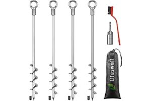 Lifeswell 18" Heavy Duty Screw in Ground Anchors Kit, Spiral Windproof Earth Anchors for Trampoline, Shed, Swing Set & Mobile Home, Double-Sided Welded Spiral with Nut Driver Drill Bit (Set of 4)