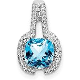 14k White Gold Cushion Cut Blue Topaz Pendant Necklace with Diamond Halo Accents, Elegant Gemstone Jewelry for Women, March Birthstone Fine Necklace for Anniversary or Everyday Wear 15 mm x 9 mm