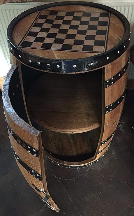 Recycled Solid Oak Whisky Barrel Drinks Cabinet With Chess Board